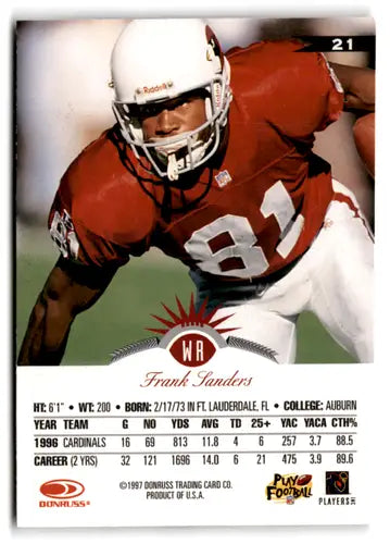 Original gloss Frank Sanders football card featuring mint Cardinals collectible from 1997 Leaf