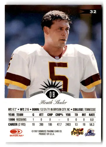 Original gloss Heath Shuler football card from 1997 Leaf NM Near Mint Redskins