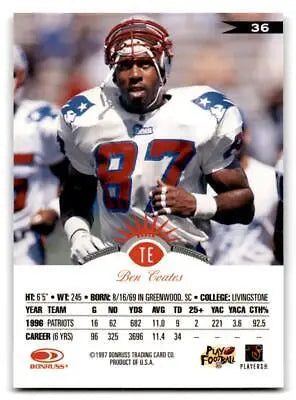 1997 Leaf #36 Ben Coates football trading card showcasing a legendary player