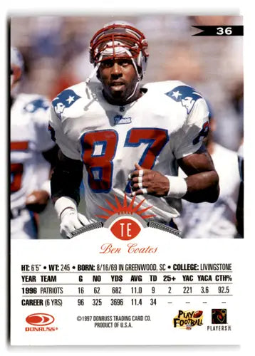 Original gloss Ben Coates football card from 1997 Leaf Patriots in near mint condition