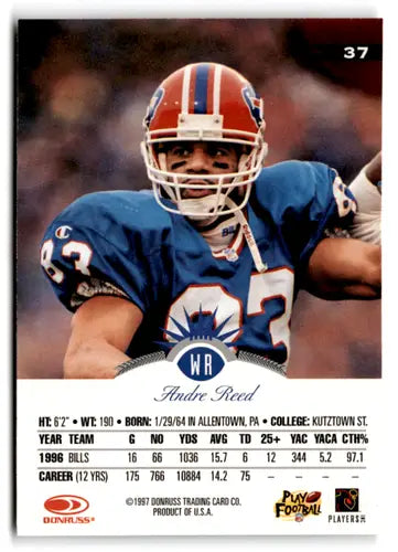 Original gloss Andre Reed football card from the 1997 Leaf Bills series in near mint condition