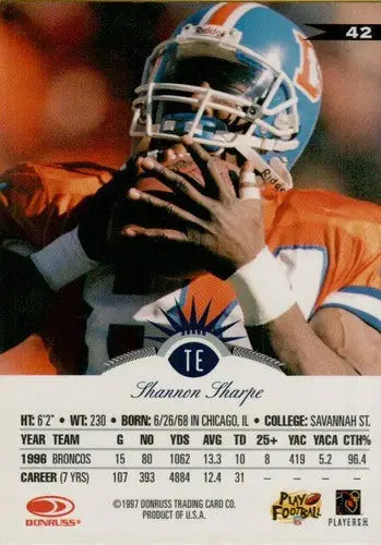 Original gloss Shannon Sharpe NM-MT football card from 1997 Leaf #42 Broncos