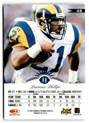 Original gloss Lawrence Phillips football card from 1997 Leaf #48 featuring Rams by Simply Sandoval