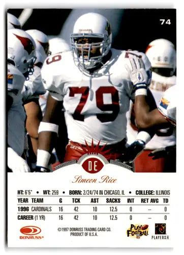 Simeon Rice football card with original gloss from 1997 Leaf, near mint Cardinals