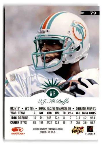O.J. McDuffie football card from 1997 Leaf #79 Dolphins with original gloss, NM-MT