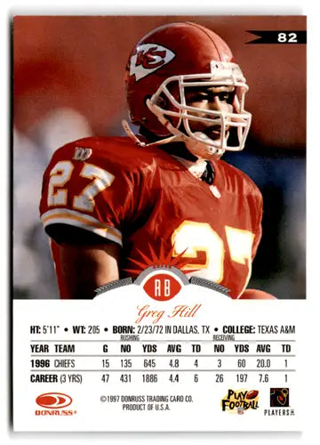 Greg Hill football card with original gloss from 1997 Leaf Chiefs series