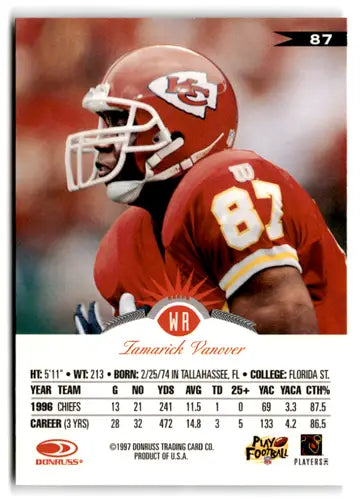 Original gloss football trading card featuring Tamarick Vanover NM-MT Chiefs 1997 Leaf #87