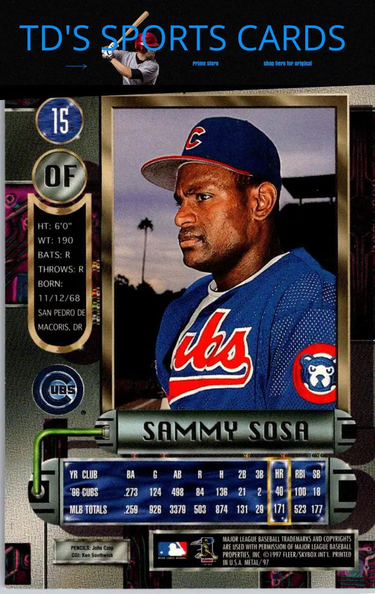 1997 Metal Universe #15 Sammy Sosa trading card in pristine condition