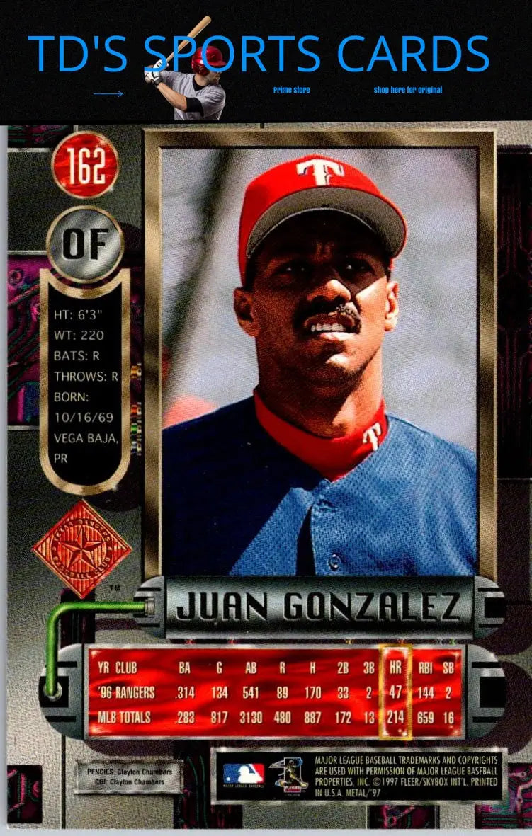 Juan Gonzalez baseball card from 1997 Metal Universe trading cards collection