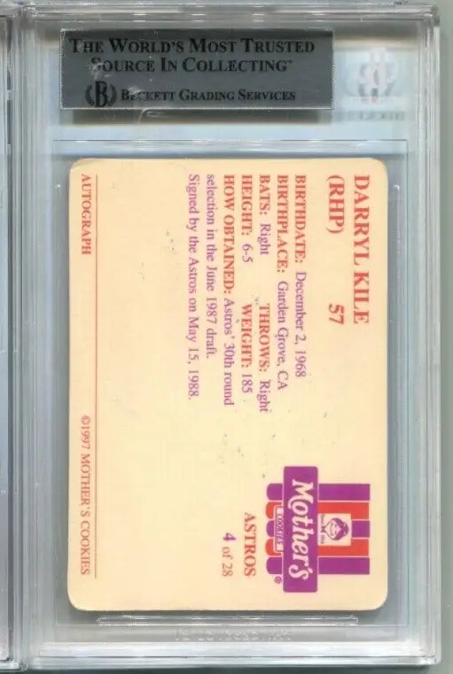 Darryl Kile baseball card from 1997 Mothers, certified BGS encased auto for collectors