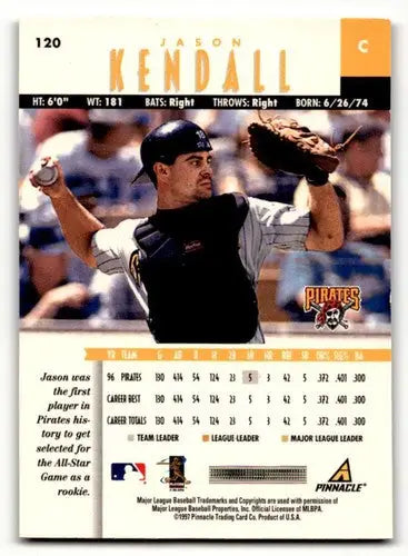 Original gloss Jason Kendall Pittsburgh Pirates baseball card from 1997 Pinnacle series