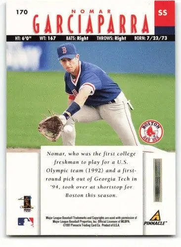 Original gloss Nomar Garciaparra baseball card from 1997 New Pinnacle Red Sox collection