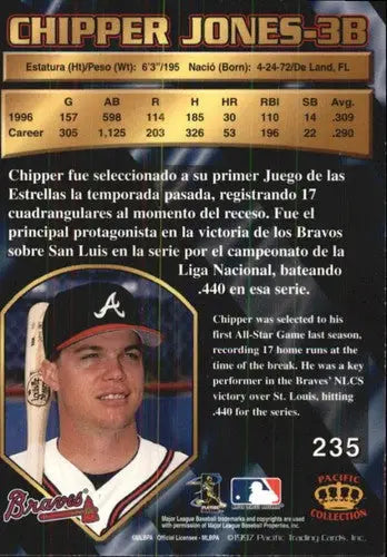 1997 Pacific Crown Collection Chipper Jones baseball card with original gloss and NM-MT condition