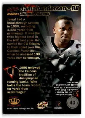 Jamal Anderson football card from 1997 Pacific Invincible Smash Mouth X-tra collection