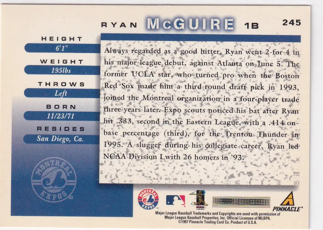 1997 PINNACLE #245 RYAN MCGUIRE ROOKIE- WASHINGTON EXPOS - Baseball Card Single