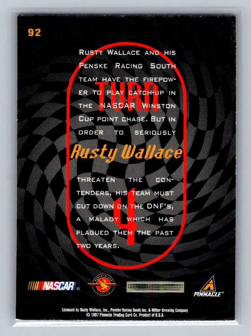 1997 Pinnacle #92 Rusty Wallace Penske Racing South - Racing Card Single