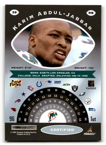 1997 Pinnacle Certified #39 Karim Abdul-Jabbar EX/NM Dolphins ID:59207 - Football Card Single