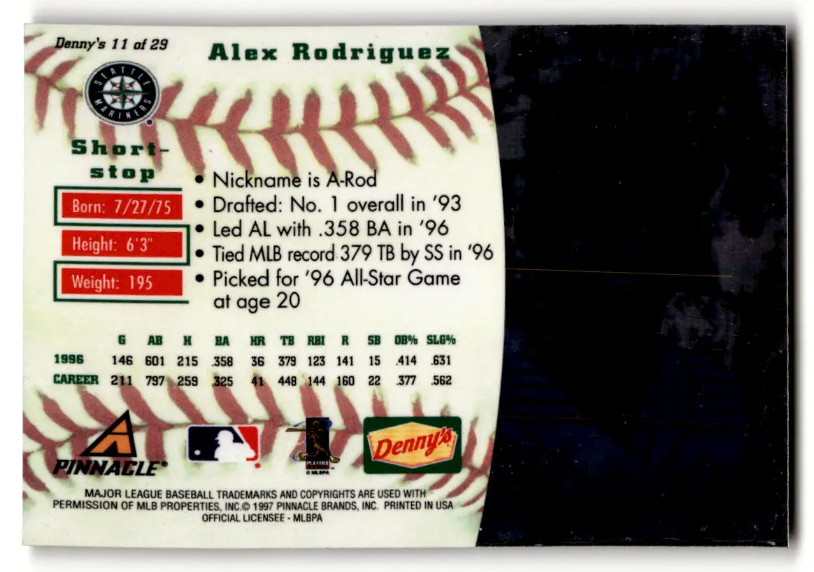 1997 Pinnacle Denny’s Holograms #11 Alex Rodriguez Seattle Mariners - Baseball Card Single