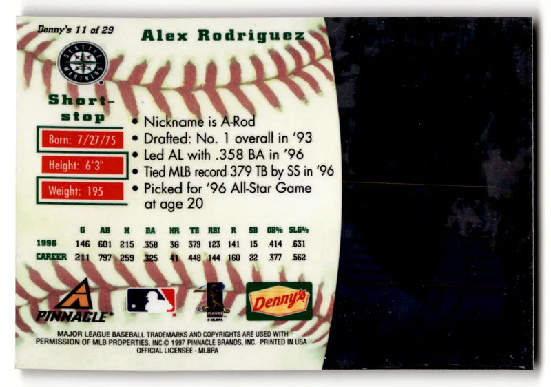 1997 Pinnacle Denny’s Holograms #11 Alex Rodriguez Seattle Mariners - Baseball Card Single
