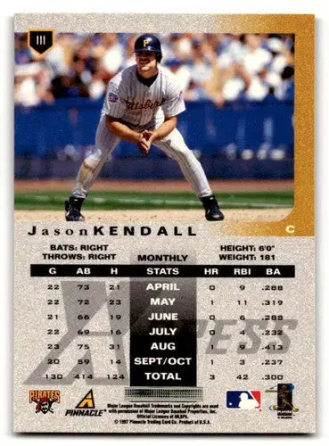 Baseball card featuring Jason Kendall Pittsburgh Pirates player statistics and team info