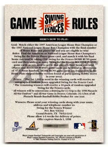 Baseball card game rules for 1997 Pinnacle X-Press Jay Bell Kansas City Royals ID63424