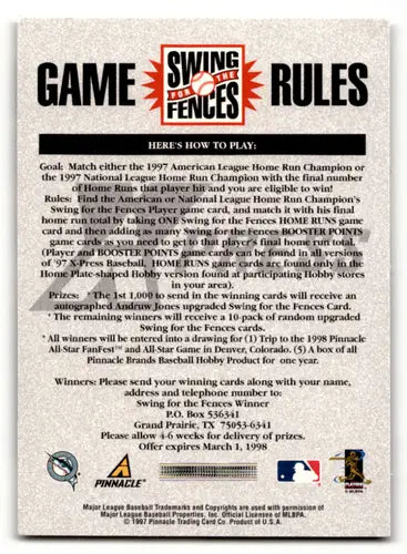 1997 Pinnacle XPress Swing for the Fences #2 Moises Alou NM Near Mint M ID:47200 - Baseball Card Single