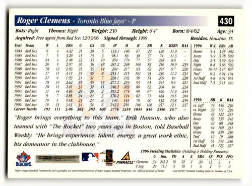 1997 Score Hobby Reserve #HR430 Roger Clemens NM-MT Blue Jays ID:60811 - Baseball Card Single