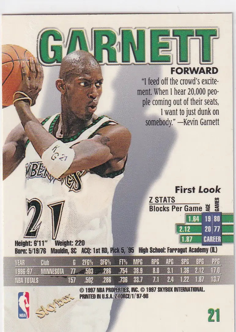 1997 SKYBOX #21 KEVIN GARNETT- MINNESOTA TIMBERWOLVES - Basketball Card Single