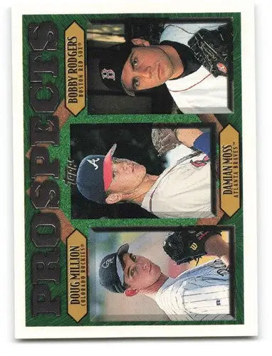 Original gloss baseball trading card featuring prospects Doug Million, Damian Moss, and Bobby Rodgers