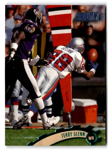 American football trading card featuring Terry Glenn from 1997 Topps Stadium Club Patriots