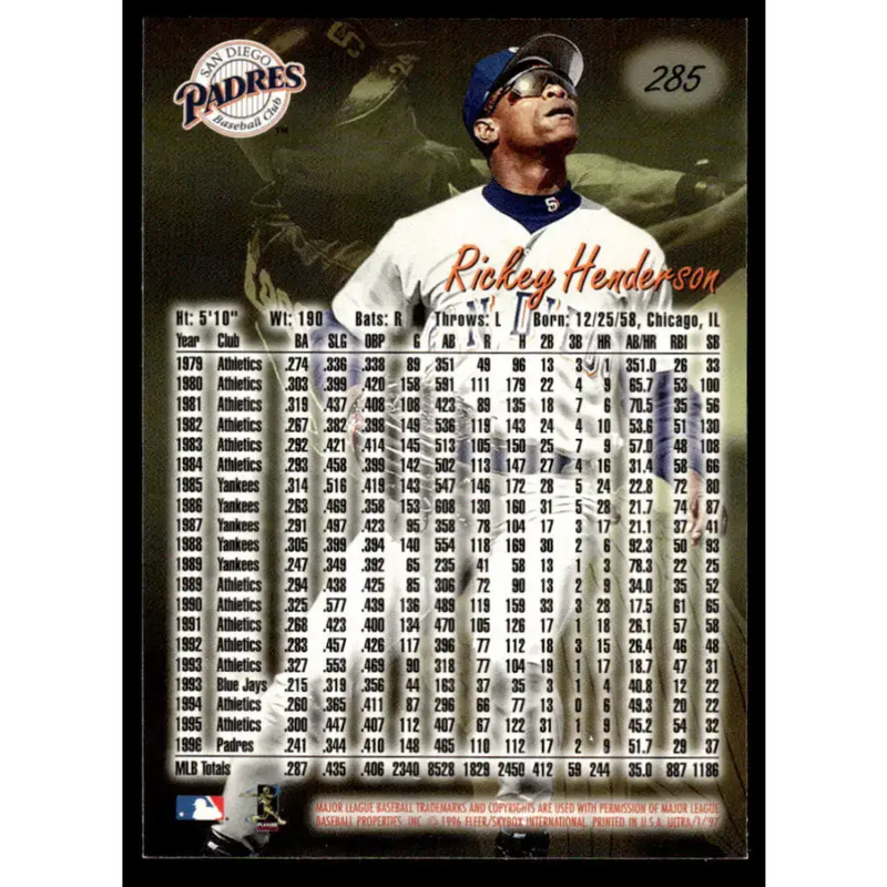 1997 Ultra #285 Rickey Henderson NM-MT San Diego Padres Baseball Card - Baseball Card Single