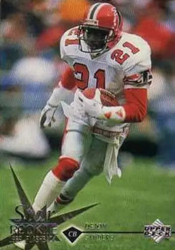 Football player in action from 1997 Upper Deck Deion Sanders original gloss rookie card
