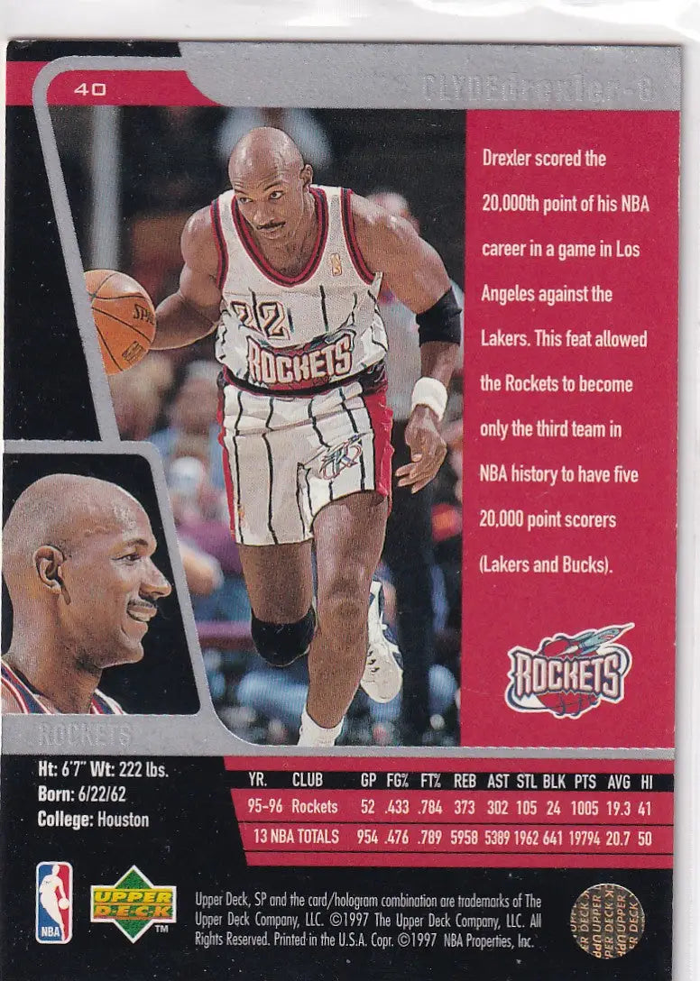 1997 UPPER DECK #40 CLYDE DREXLER SP HOLO- HOUSTON ROCKETS - Basketball Card Single