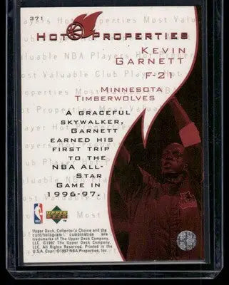 1997 Upper Deck Collector’s Choice Hot Properties Kevin Garnett #371 Basketball - Basketball Card Single