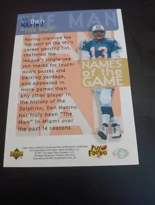 1997 Upper Deck - Names of the Game Dan Marino #62. Miami Dolphins. NRMT+ - Football Card Single