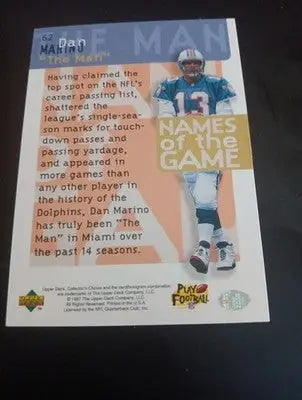 1997 Upper Deck - Names of the Game Dan Marino #62. Miami Dolphins. NRMT+ - Football Card Single