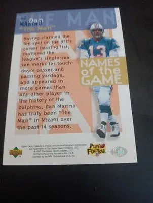 1997 Upper Deck - Names of the Game Dan Marino #62. Miami Dolphins. NRMT+ - Football Card Single