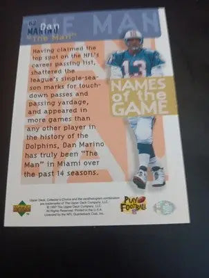 1997 Upper Deck - Names of the Game Dan Marino #62. Miami Dolphins. NRMT+ - Football Card Single