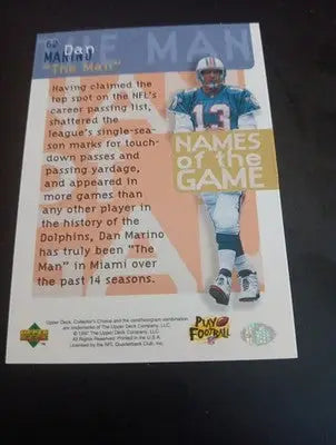 1997 Upper Deck - Names of the Game Dan Marino #62. Miami Dolphins. NRMT+ - Football Card Single