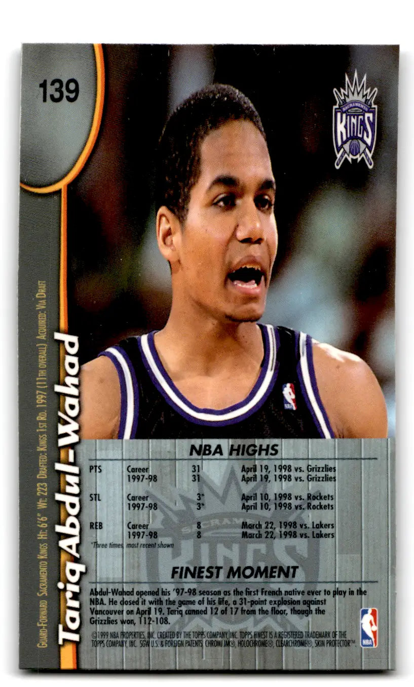 Basketball card of Tariq Abdul-Wahad from 1998-99 Finest Tariq collection with protector
