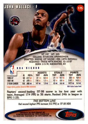Basketball card back showing original gloss for John Wallace from 1998-99 Topps Stadium Club