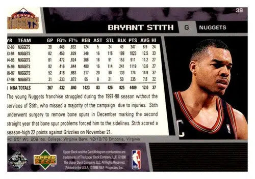 Original gloss Bryant Stith basketball card from 1998-99 Upper Deck Nuggets sports cards collection