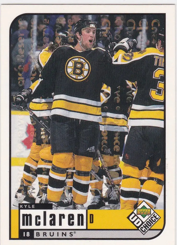 Hockey player in Boston Bruins jersey celebrates with teammates, Kyle Mclaren Upper Deck Choice