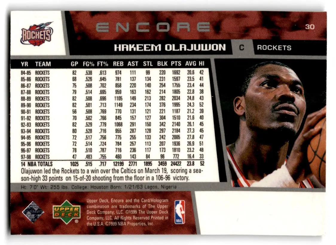 1998-99 Upper Deck Encore #30 Hakeem Olajuwon - Basketball Card Single