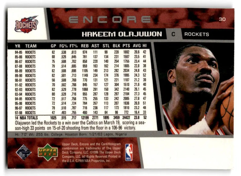 1998-99 Upper Deck Encore #30 Hakeem Olajuwon - Basketball Card Single