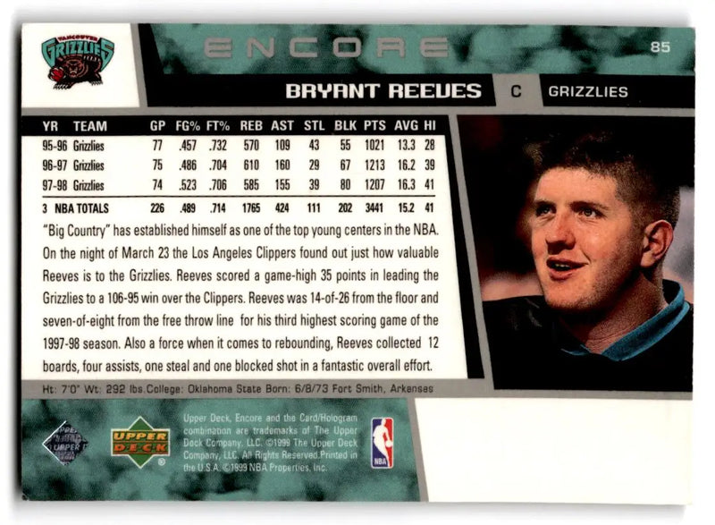 1998-99 Upper Deck Encore #85 Bryant Reeves - Basketball Card Single