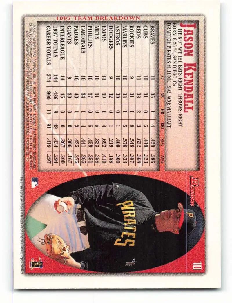 1998 Bowman #10 Jason Kendall EX Excellent Pittsburgh Pirates Baseball Card - Baseball Card Single