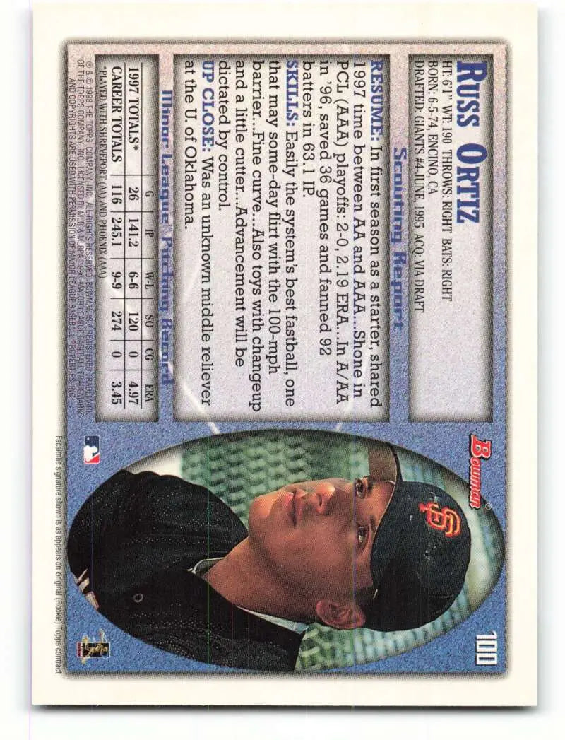 1998 Bowman #100 Russ Ortiz EX Excellent San Francisco Giants Baseball Card - Baseball Card Single