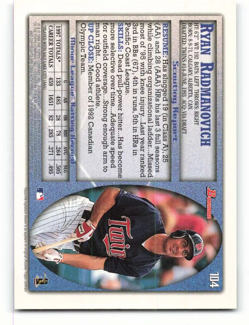 1998 Bowman #104 Ryan Radmanovich EX Excellent RC Rookie Minnesota Twins Baseball Card - Baseball Card Single