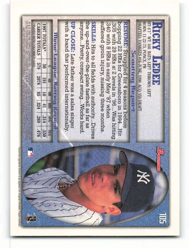 1998 Bowman #105 Ricky Ledee EX Excellent New York Yankees Baseball Card - Baseball Card Single